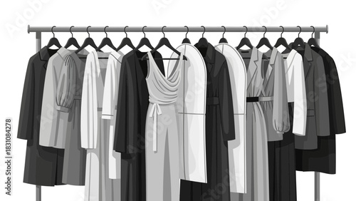 Elegant clothing rack featuring coats, dresses, and stylish outfits ready for fashion editorial or retail display, originally a scalable vector graphic