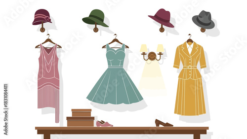 Vintage inspired fashion boutique with flapper dresses, hats, and shoes, evoking a sense of timeless elegance and classic style, originally a scalable vector graphic