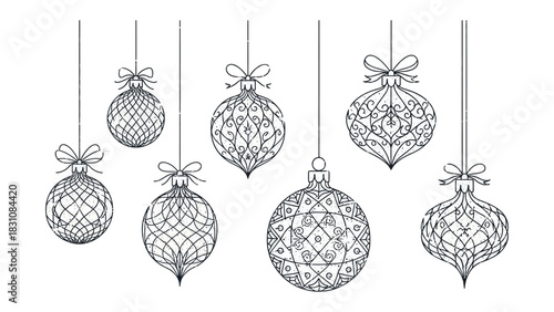 Ornamental Christmas Decorations: Delicate line art captures the essence of festive cheer with hanging Christmas ornaments, each showcasing unique and intricate designs.