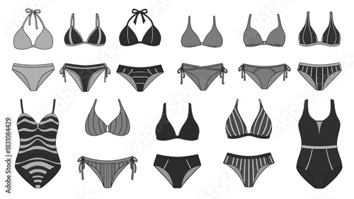 Chic swimwear collection showcasing modern bikini and one-piece designs for summer vacation style guide, perfect for fashion blogs and retail catalogs