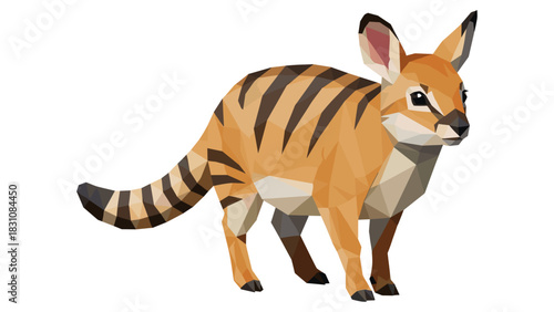 Geometric polygonal artwork of a striped numbat on white background