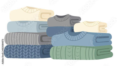 Cozy folded sweaters in muted tones perfect for autumn fashion layouts and home decor projects, crafted from original scalable vector graphics