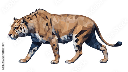 Low poly tiger walking art with geometric design in earth tones