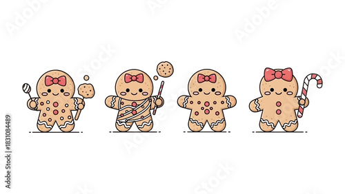 Sweet Gingerbread Quartet: A delightful collection of gingerbread cookie characters, each uniquely adorned with icing details and charming accessories. 