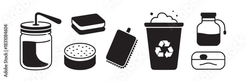 A collection of black and white vector icons depicting cleaning and recycling related objects arranged in a row