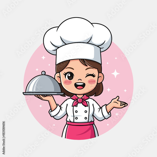 Adorable chef cartoon ready to serve a delicious meal with a wink, perfect for food blogs, children's menus, and culinary promotions