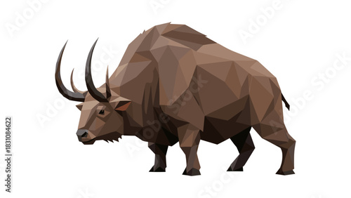 Geometric polygonal bison with horns in minimalist style on white background
