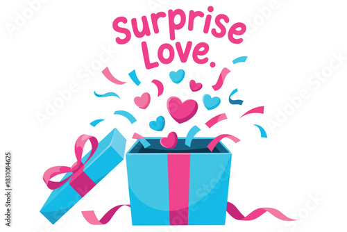 A surprise gift box opens to reveal hearts and confetti, symbolizing love and joy.