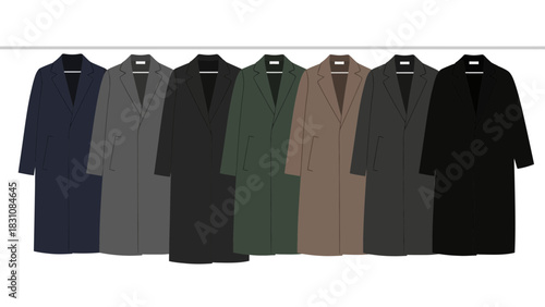 Stylish outerwear for fall fashion season, array of elegant long coats in various colors, ready for retail and apparel design inspiration, vector design