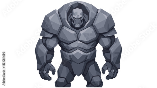 Geometric stone golem design with detailed polygonal style on white background
