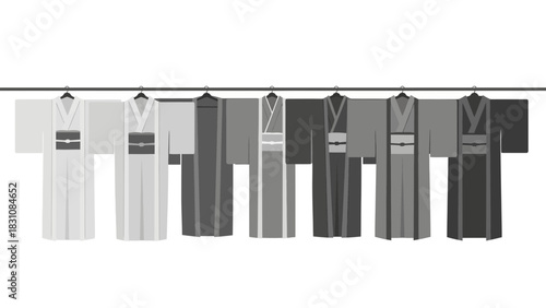 Elegant array of kimono robes on a rack, showcasing Japanese fashion and cultural heritage, perfect for textile designs or traditional garment concepts