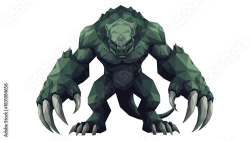 Geometric low poly monster with sharp claws in aggressive stance on white background