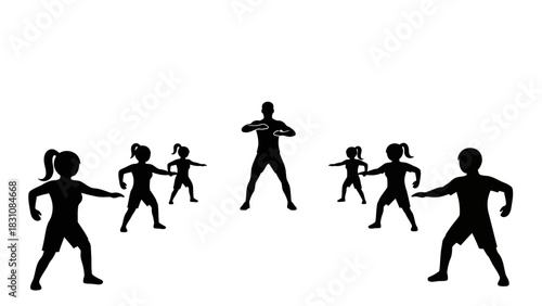 Energetic fitness class workout silhouette with instructor, promoting healthy lifestyle and group activity, perfect for gym and health advertisements