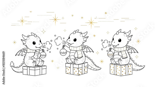 Dragon Holiday Illustration: A charming illustration depicts three adorable dragons adorned with festive scarves, joyfully holding Christmas ornaments.