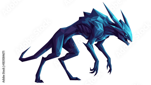 Geometric blue creature with sharp angles and dynamic pose