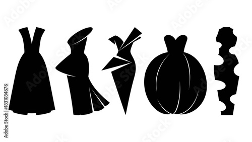 Elegant gown silhouettes for fashion design concepts, stylish apparel sketches, formal dresses and unique couture creations in a modern minimalist style