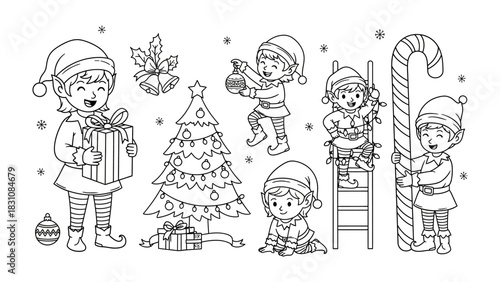 Whimsical Holiday Cheer: Playful elves busily decorate and prepare for a festive Christmas celebration, showcasing the magic and merriment of the holiday season.