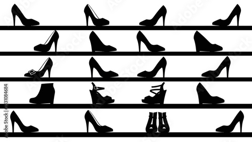 Chic footwear collection on shelves, a stylish array of heels and wedges for fashionistas, perfect for boutiques and online shoe stores, modern black and white