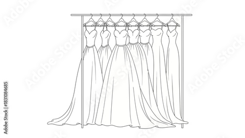 Elegant wedding dresses on a rack, line art for bridal boutique promotions or fashion design templates, minimalist style, timeless romance, vector origin