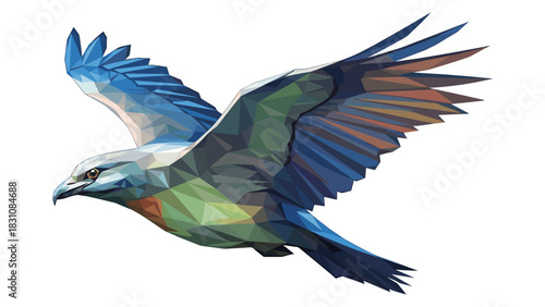 Geometric bird in flight with colorful polygonal design