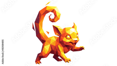 Geometric low poly orange cat with curled tail