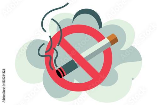 A cigarette is depicted within a red circular prohibition sign, signifying no smoking, surrounded by smoke.