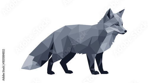 Geometric low poly arctic fox: elegant wildlife design in shades of gray