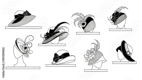 Vintage Hats on Shelves Line Art