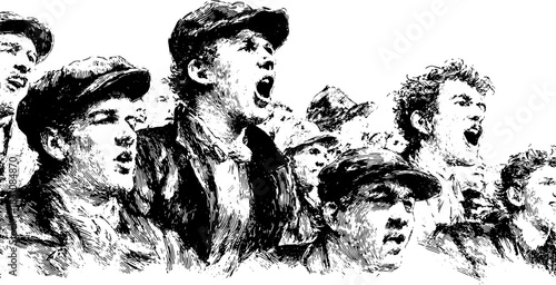 Engraving of a group of men shouting with strong expressions. This vintage line illustration captures emotion in a monochrome vector set.
