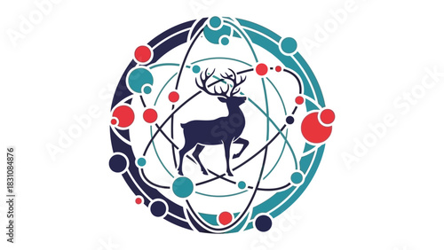 Deer in Emblem: A stylized deer silhouette stands within a dynamic circular design, evoking themes of nature, science, and intricate organization. The design features interconnected elements.
