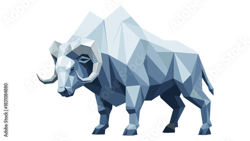 Geometric low poly bison design in shades of blue and gray