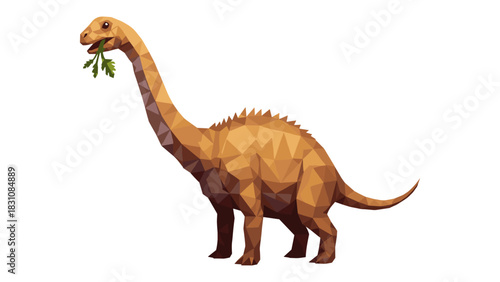 Low poly dinosaur eating leaf on white background