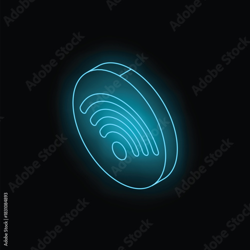 Neon blue wi fi symbol glowing on a black background, representing wireless network, internet connection and digital communication