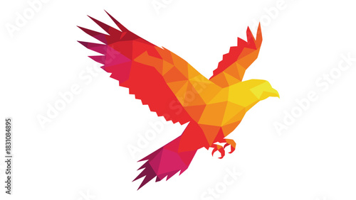 Colorful geometric bird in flight against white background