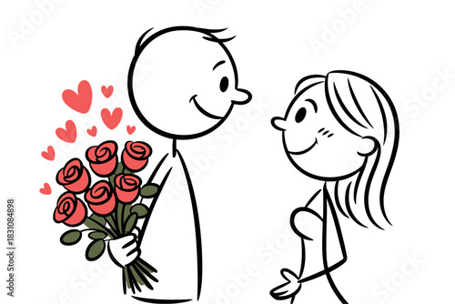 A man happily gives a woman a bouquet of red roses, symbolizing love and affection.