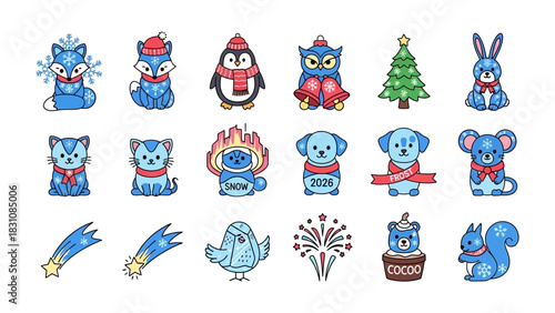 Festive Winter Characters: A vibrant assortment of cute, cartoonish animals and holiday symbols, perfect for winter-themed designs and cheerful holiday greetings.