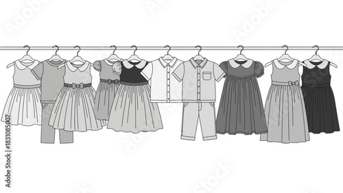 Stylish children's clothing collection on a rack featuring dresses and outfits, perfect for a boutique catalog or a fashion brand showcasing new arrivals