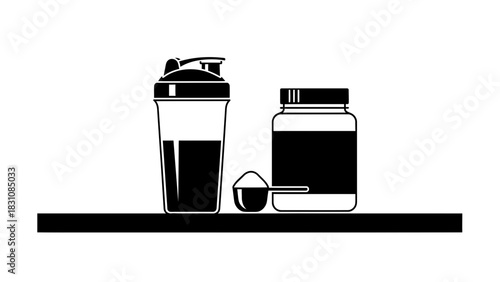 Fueling fitness goals with protein powder and shaker, a simple aid for workout recovery, nutritional support, and muscle building, originally vector graphic
