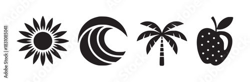 Black and white vector icons of a sunflower wave palm tree and strawberry in a horizontal row on white