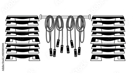 Elevate Your Fitness: Aerobic Steppers and Jump Ropes Ready for an Intense Workout, Perfect for Gyms and Home Training Spaces