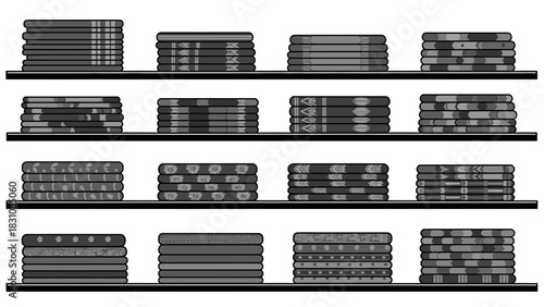 Neatly stacked towels on shelves showcasing a variety of patterns and textures, perfect for home decor inspiration or textile design concepts for interiors