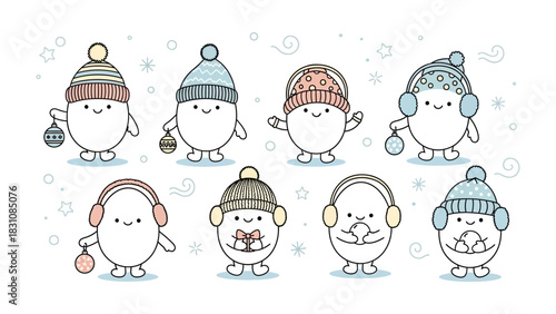Winter Whimsy: A charming group of egg-shaped characters, bundled in winter attire, brings a touch of joy and playful spirit to the scene, perfect for holiday-themed designs.