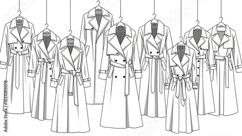 Collection of Women's Trench Coats Flat Sketches