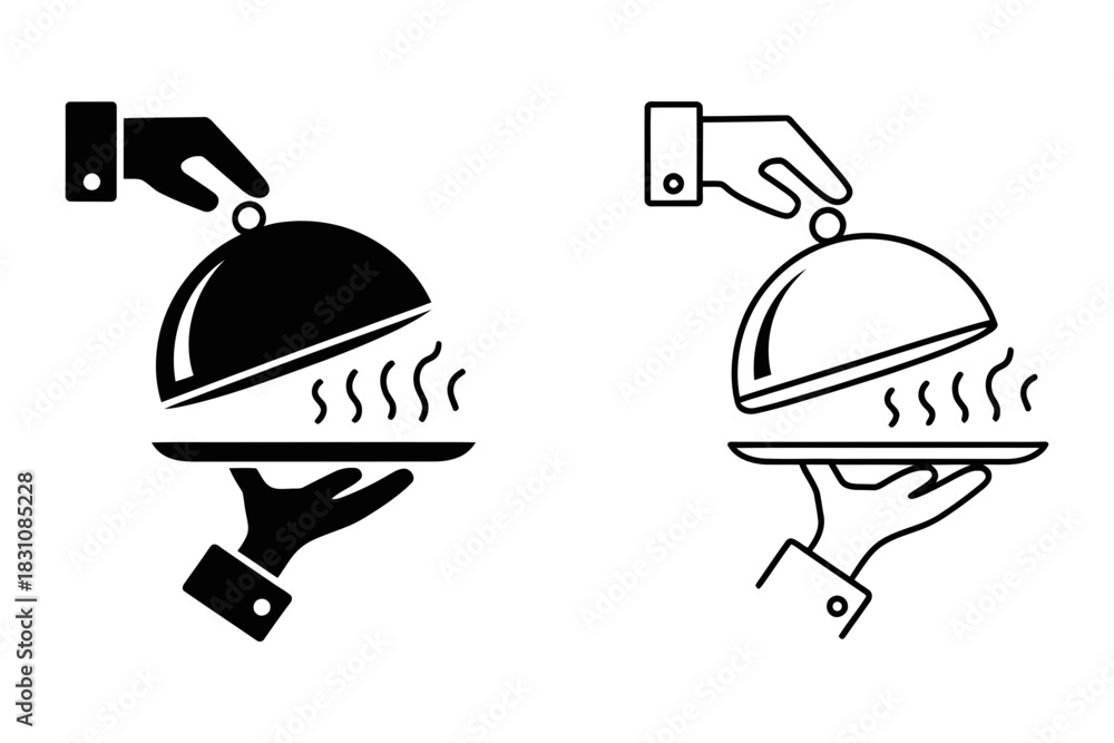 Fototapeta premium Two stylized icons of a hand serving a cloche-covered dish with steam rising, one filled and one outlined, on white background.