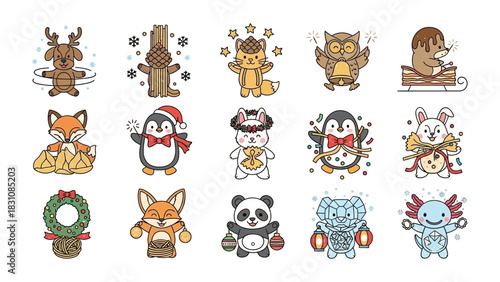 Whimsical Wildlife: A charming assortment of playful, anthropomorphic animals set against a backdrop, each one bursting with character and style, radiating joy and warmth