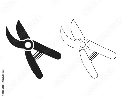 Gardening pruning shears, sharp blades for trimming branches and plants, tool for horticulture and landscaping maintenance, isolated on white background.