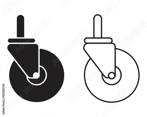 Two caster wheel illustrations, one solid black icon and one outline, representing mobility, furniture, and industrial equipment components on a clean background.