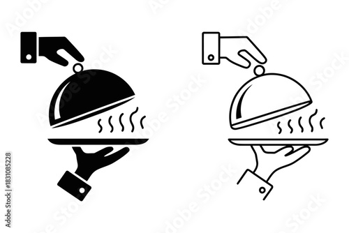 Two stylized icons of a hand serving a cloche-covered dish with steam rising, one filled and one outlined, on white background.