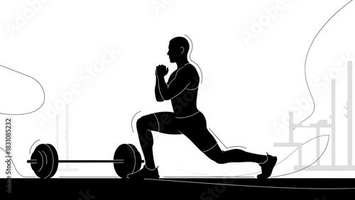 Dynamic silhouette of man doing lunges with barbell, striving for fitness and strength in a modern gym setting, ideal for fitness brands and health promotions