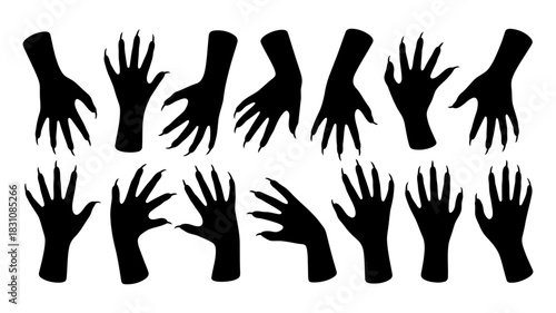 Collection of silhouettes of primal creature claws and hands reaching out, isolated on white background - detailed and textured